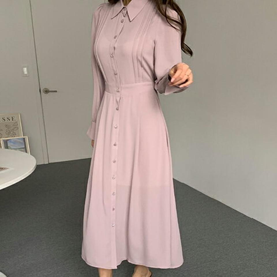 ピンタックカラーワンピース・全3色・b66788 レディース 【ops】【ワンピース ロング ロングワンピース 長袖 ピンタック 単色 無地 シンプル フェミニン 秋 冬 韓国 ファッション】【ハイホリHIHOLLI】