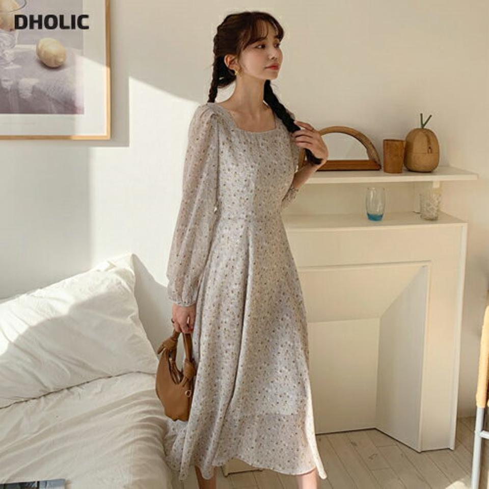 スクエアリボン花柄ワンピース・全4色・t64932 レディース 【ops】【韓国 ファッション ワンピース ロング ロングワンピース スクエアネック フェミニン 花柄 フラワー フローラル 春 パターン デコルテ リボン フレア 体型カバー 秋 冬】【fw】