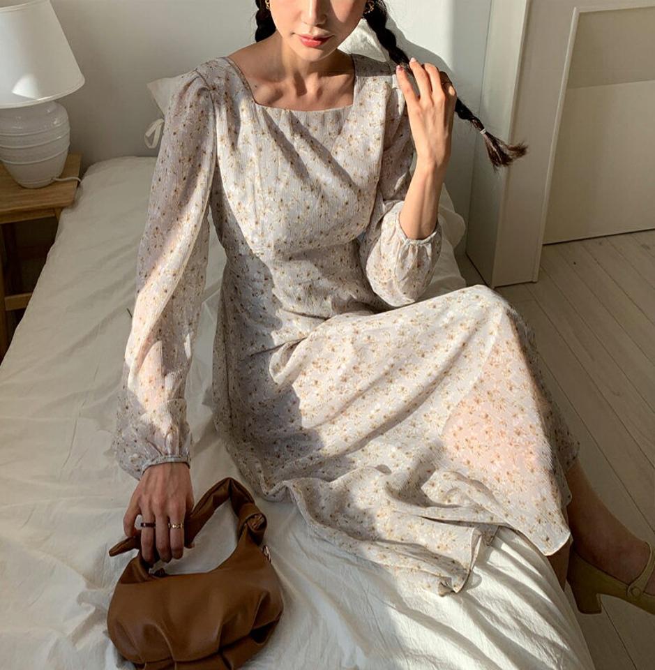 スクエアリボン花柄ワンピース・全4色・t64932 レディース 【ops】【韓国 ファッション ワンピース ロング ロングワンピース スクエアネック フェミニン 花柄 フラワー フローラル 春 パターン デコルテ リボン フレア 体型カバー 秋 冬】【fw】