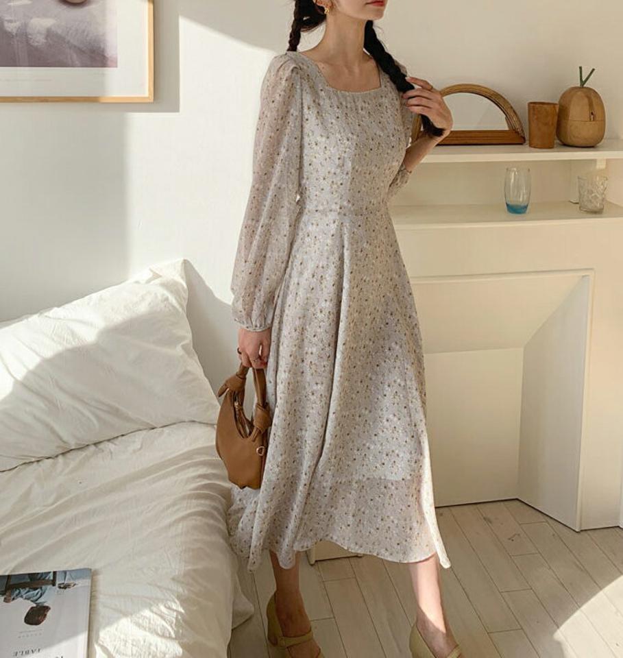 スクエアリボン花柄ワンピース・全4色・t64932 レディース 【ops】【韓国 ファッション ワンピース ロング ロングワンピース スクエアネック フェミニン 花柄 フラワー フローラル 春 パターン デコルテ リボン フレア 体型カバー 秋 冬】【fw】