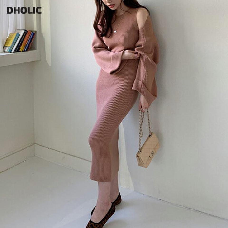 リブニットボレロ&ワンピースSET・全4色・t66787 レディース 【ops】【ワンピース ロング ロングワンピース ボレロ ニット リブニット 単色 無地 シンプル タイトル 秋 冬 韓国 ファッション】【ハイホリHIHOLLI】