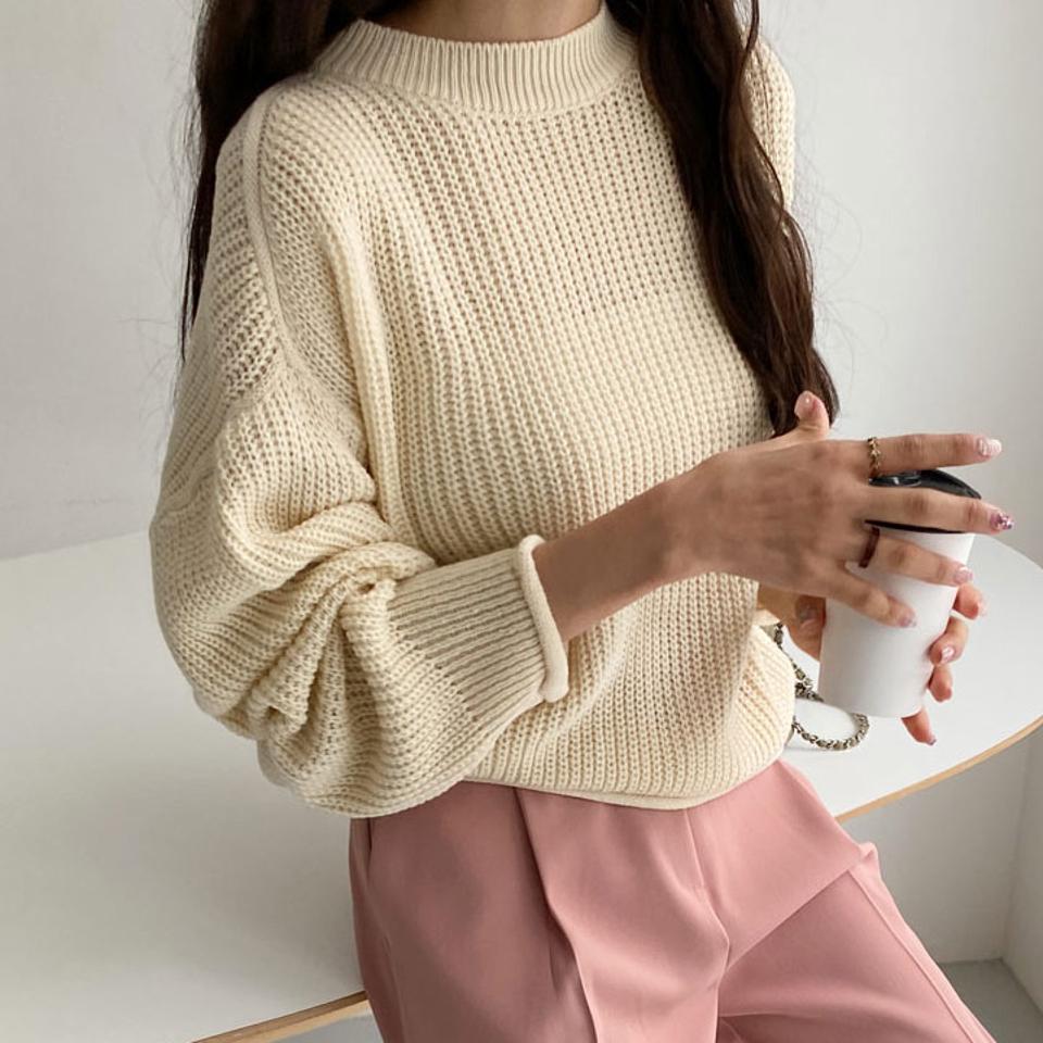 ロールヘムラウンドニット・全3色・t64916 レディース 【tops】【韓国 ファッション トップス ニット 長袖 ラフ ラウンドネック シンプル ボリューム 体型カーバー デイリー フェミニン ベーシック 無地 秋 冬】