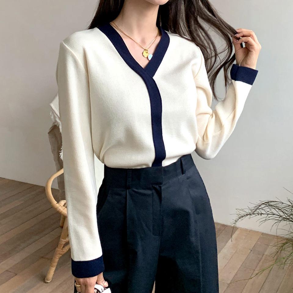 【只今10%OFF】配色ラインVネックニット・全4色・b61550 レディース 【tops】【韓国 ファッション トップス ニット 長袖 Vネック 配色 デコルテ シンプル 体型カーバー デイリー フェミニン ベーシック 無地 秋 冬】