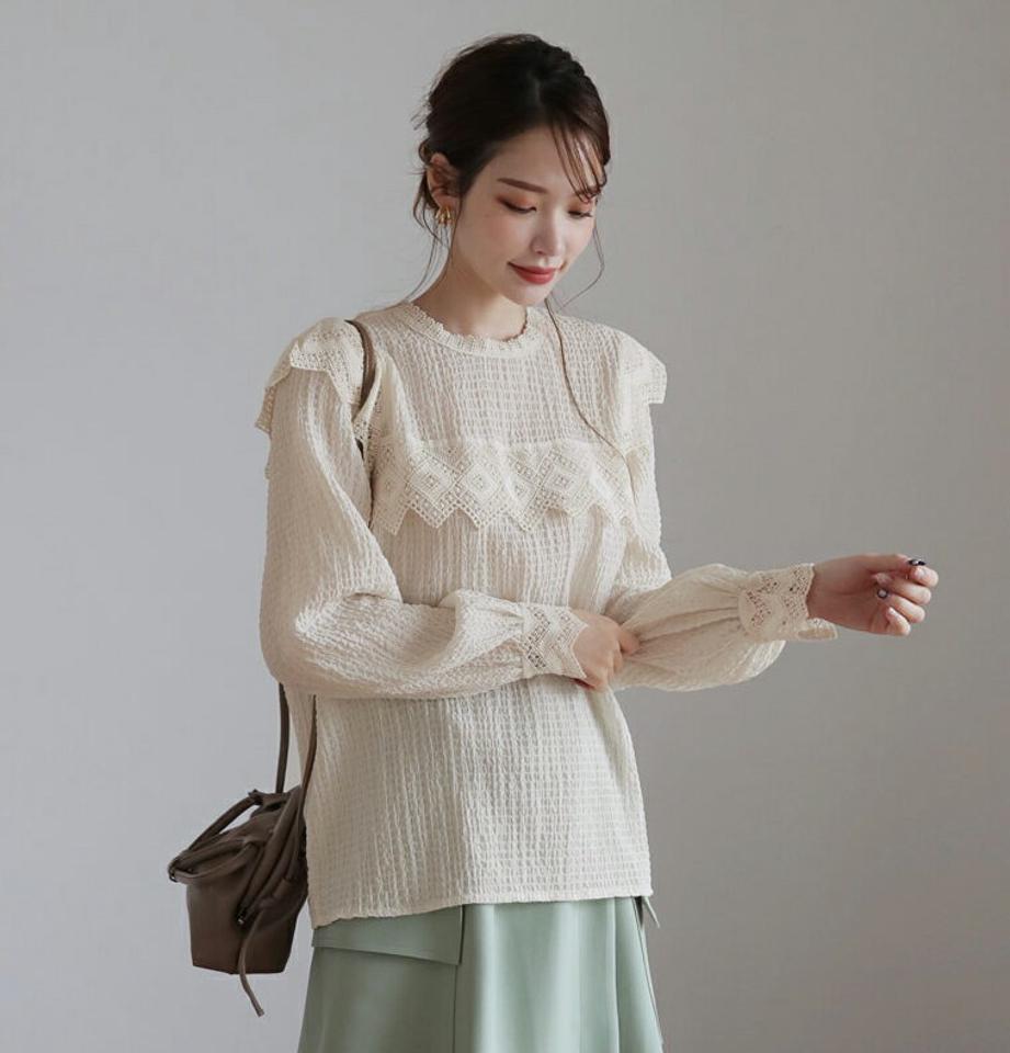 レースリンクルブラウス・全2色・b66830 レディース 【bl】【トップス ブラウス 総レース レース レースブラウス リンクル フェミニン 可愛い かわいい 上品 秋 冬 韓国 ファッション】【ハイホリHIHOLLI】