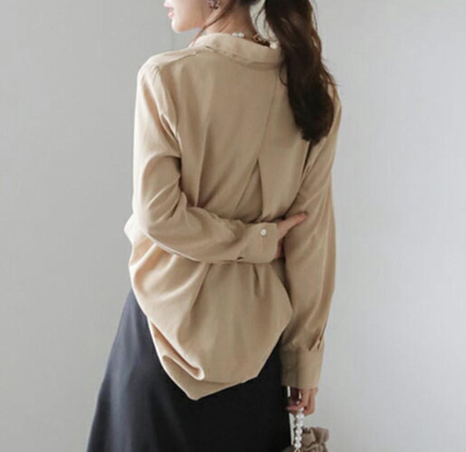 バックタックシャツ・全6色・t66708 レディース 【bl】【トップス シャツ 長袖 タック 単色 無地 シンプル 大人 きれいめ バックシャン 後姿 秋 冬 韓国 ファッション】【ハイホリHIHOLLI】