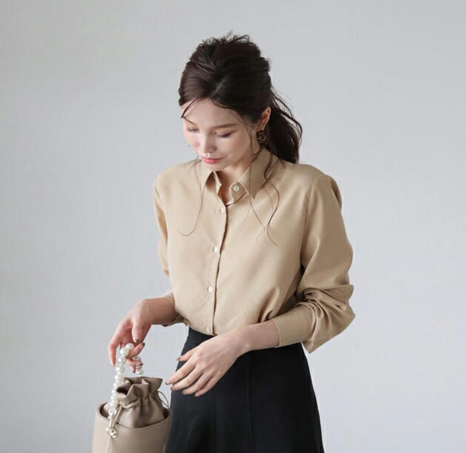 バックタックシャツ・全6色・t66708 レディース 【bl】【トップス シャツ 長袖 タック 単色 無地 シンプル 大人 きれいめ バックシャン 後姿 秋 冬 韓国 ファッション】【ハイホリHIHOLLI】