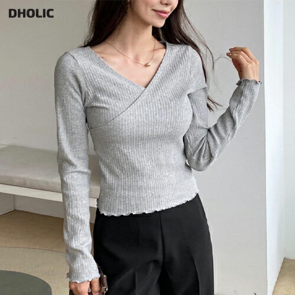 リブカシュクールTシャツ・全3色・t61580 レディース 【tops】【韓国 ファッション トップス Tシャツ 長袖 Vネック カシュクール スリム フィット リブ ナチュラル ウェーブ　カジュアル 上品 体型カーバー デイリー ベーシック 春 春Tシャツ 秋 冬】
