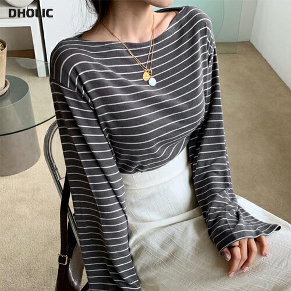 ボーダーボートネックTシャツ・全3色・b61544 レディース 【tops】【韓国 ファッション トップス Tシャツ 長袖 ボートネック カジュアル ボーダー パターン デコルテ スリット ストライプ フェミニン 上品 体型カーバー デイリー ベーシック 春 秋 冬】