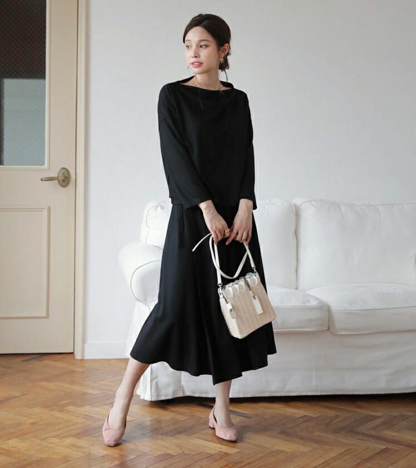 ボートネックTシャツ&スカートSET・全2色・b66839 レディース 【ops】【セットアップ setup トップス Tシャツ 長袖 ボートネック スカート ロングスカート 単色 無地 シンプル カジュアル 秋 冬 韓国 ファッション】【ハイホリHIHOLLI】