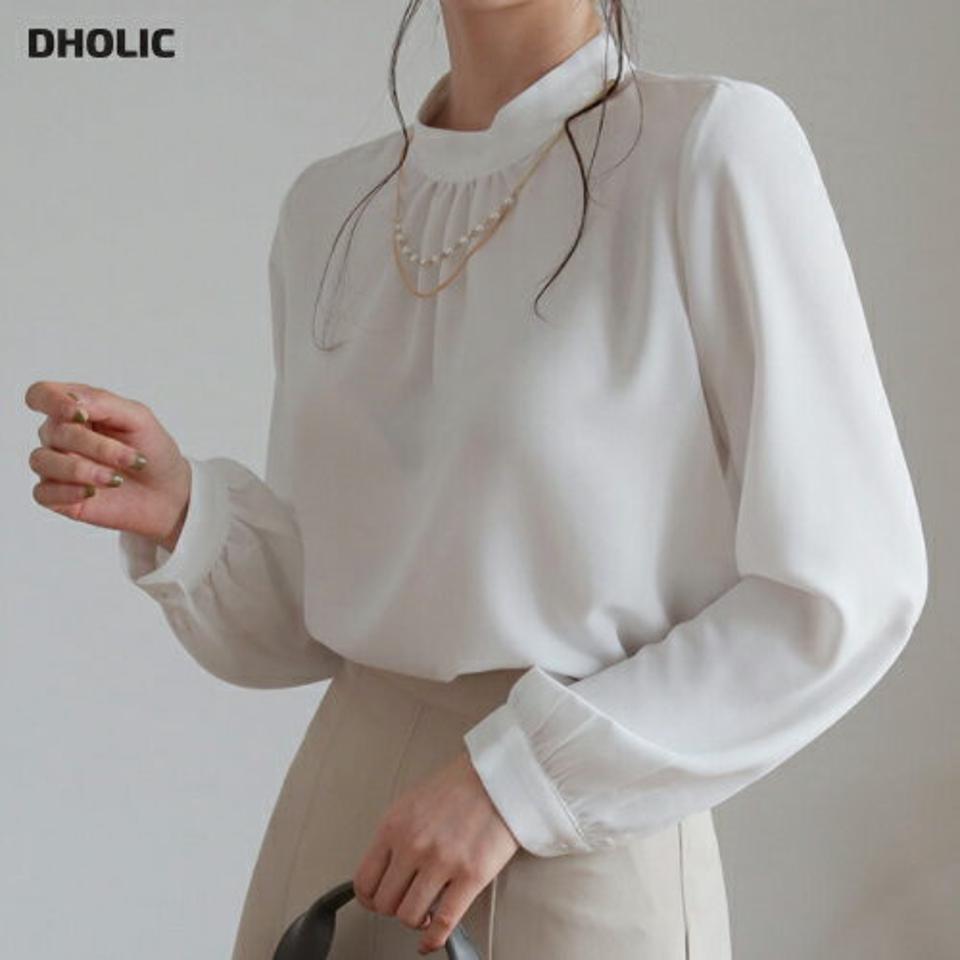 ネックレス付バンドカラーブラウス・全2色・t66704 レディース 【bl】【トップス ブラウス 長袖 バンドカラー ネックレス フェミニン 上品 きれいめ 大人 結婚式 デート 秋 冬 韓国 ファッション】【ハイホリHIHOLLI】