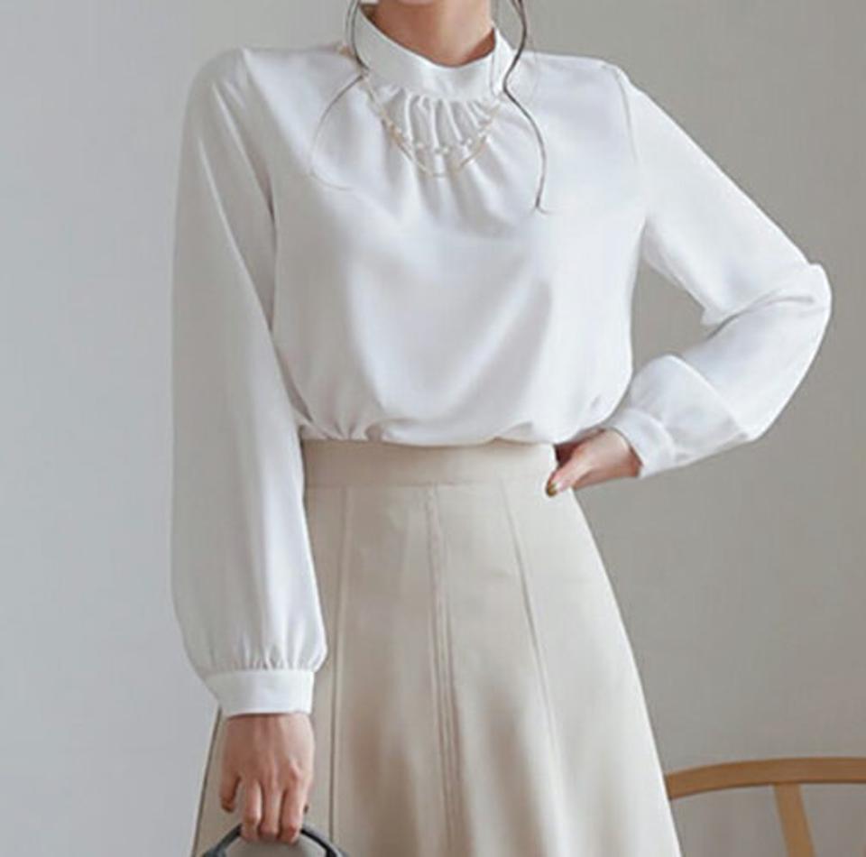 ネックレス付バンドカラーブラウス・全2色・t66704 レディース 【bl】【トップス ブラウス 長袖 バンドカラー ネックレス フェミニン 上品 きれいめ 大人 結婚式 デート 秋 冬 韓国 ファッション】【ハイホリHIHOLLI】