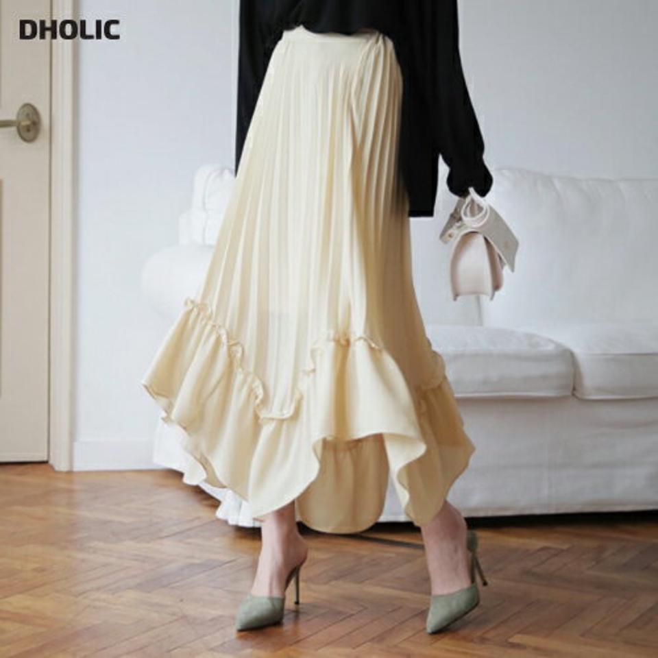 フリルプリーツスカート・全3色・b66842 レディース 【sk】【スカート ロングスカート ロング プリーツ プリーツスカート フリル アンバランス　可愛い かわいい フェミニン ウエストゴム 秋 冬 韓国 ファッション】【ハイホリHIHOLLI】