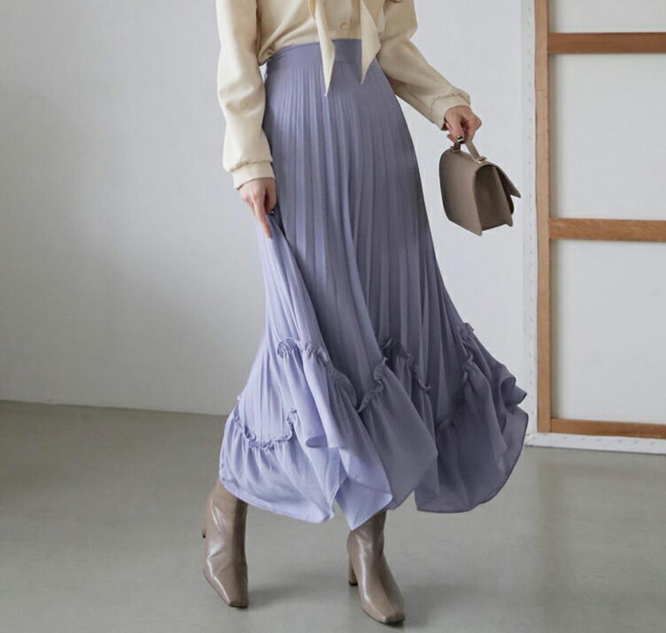フリルプリーツスカート・全3色・b66842 レディース 【sk】【スカート ロングスカート ロング プリーツ プリーツスカート フリル アンバランス　可愛い かわいい フェミニン ウエストゴム 秋 冬 韓国 ファッション】【ハイホリHIHOLLI】