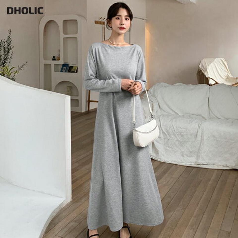 リブボートネックワンピース・全3色・t61557 レディース 【ops】【韓国 ファッション ワンピース ロング ロングワンピス 長袖 ボートネック Aライン リブ デコルテ フェミニン カジュアル 体型カバー 秋 冬】