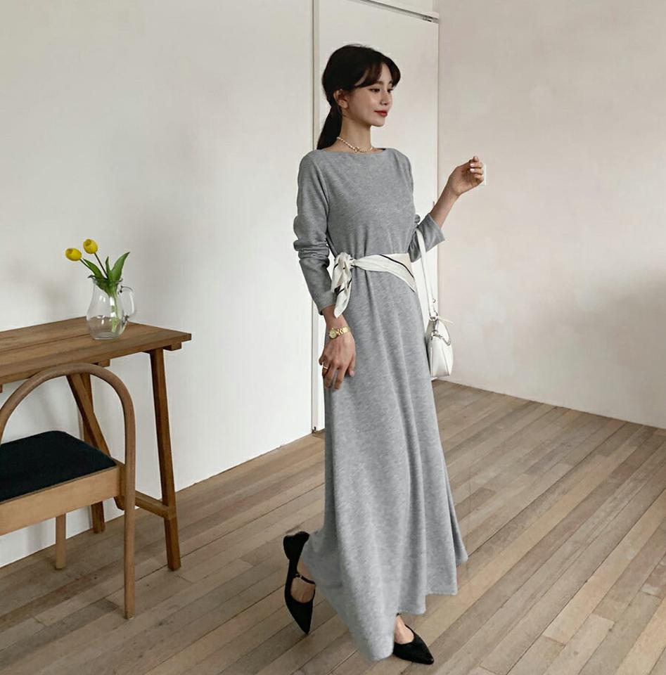 リブボートネックワンピース・全3色・t61557 レディース 【ops】【韓国 ファッション ワンピース ロング ロングワンピス 長袖 ボートネック Aライン リブ デコルテ フェミニン カジュアル 体型カバー 秋 冬】