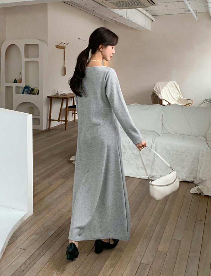 リブボートネックワンピース・全3色・t61557 レディース 【ops】【韓国 ファッション ワンピース ロング ロングワンピス 長袖 ボートネック Aライン リブ デコルテ フェミニン カジュアル 体型カバー 秋 冬】