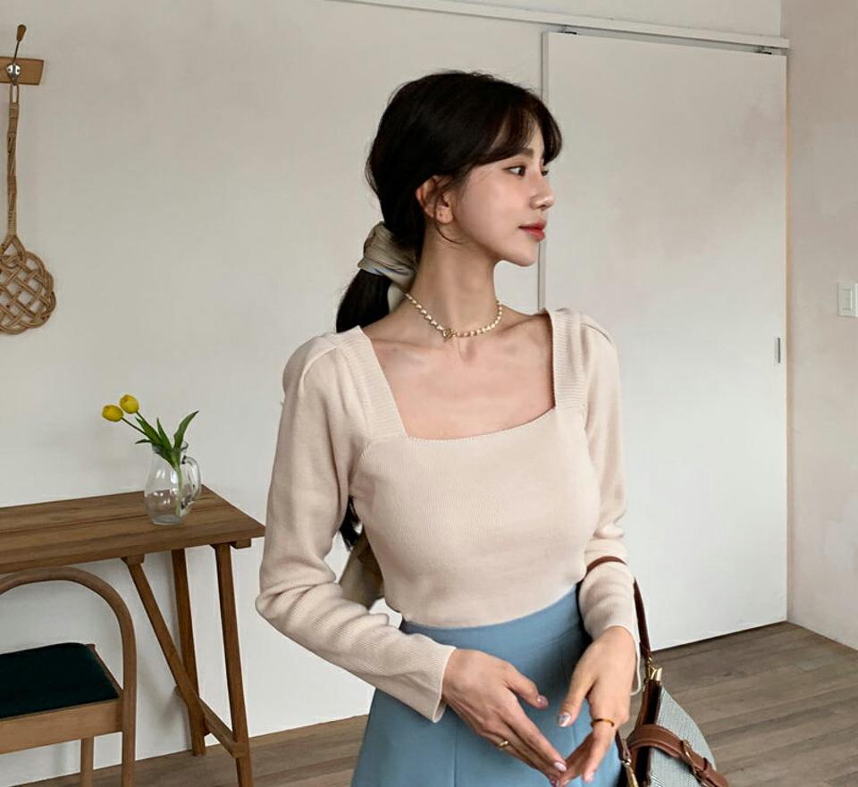 スクエアパフネックニット・全5色・t61551 レディース 【tops】【韓国 ファッション トップス ニット 長袖 スクエアネック デコルテ シンプル ボリューム 体型カーバー デイリー フェミニン ベーシック 無地 秋 冬】