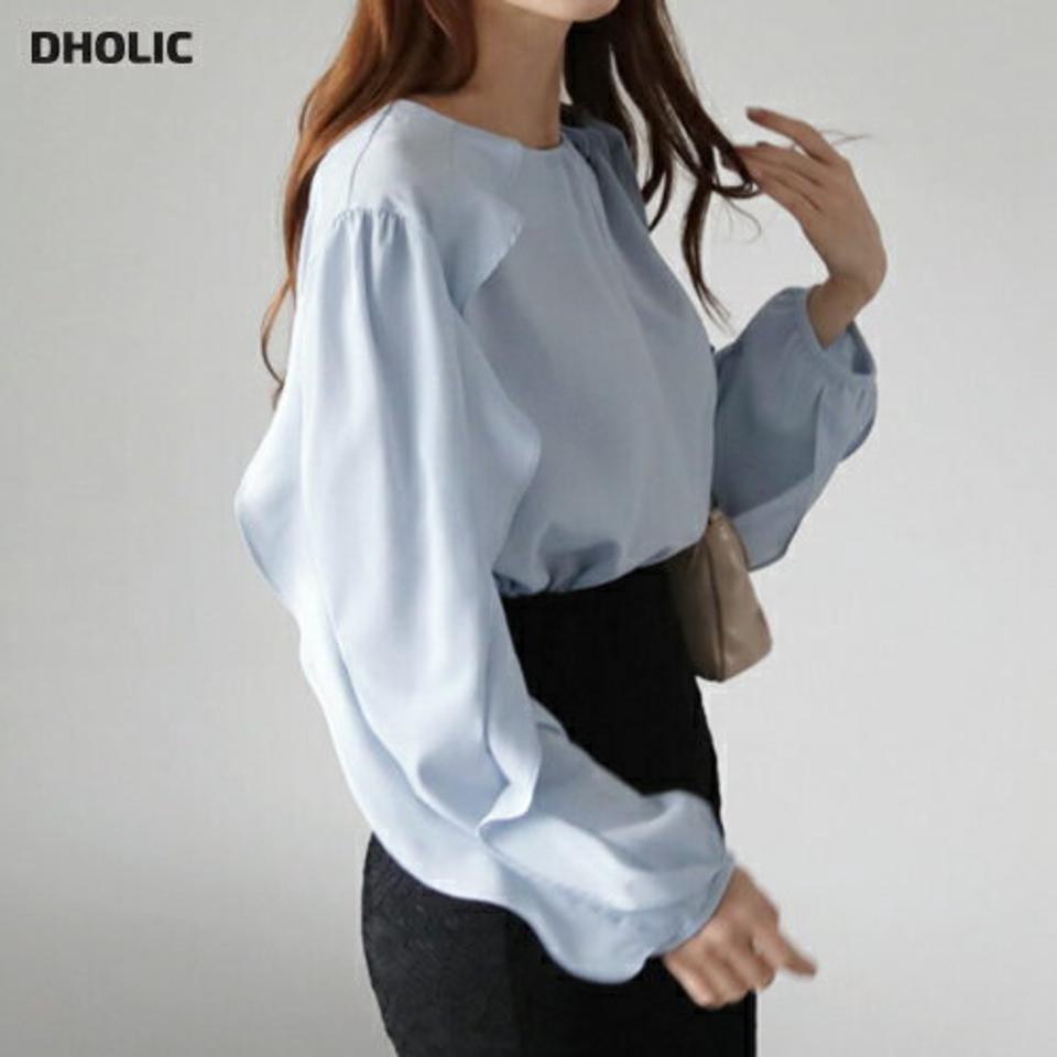 パステルフリルブラウス・全3色・b66828 レディース 【bl】【トップス ブラウス 長袖 フリル フリルブラウス パステル 淡い シンプル 単色 フェミニン 可愛い かわいい おしゃれ ミント 水色 黄緑 秋 冬 韓国 ファッション】【ハイホリHIHOLLI】