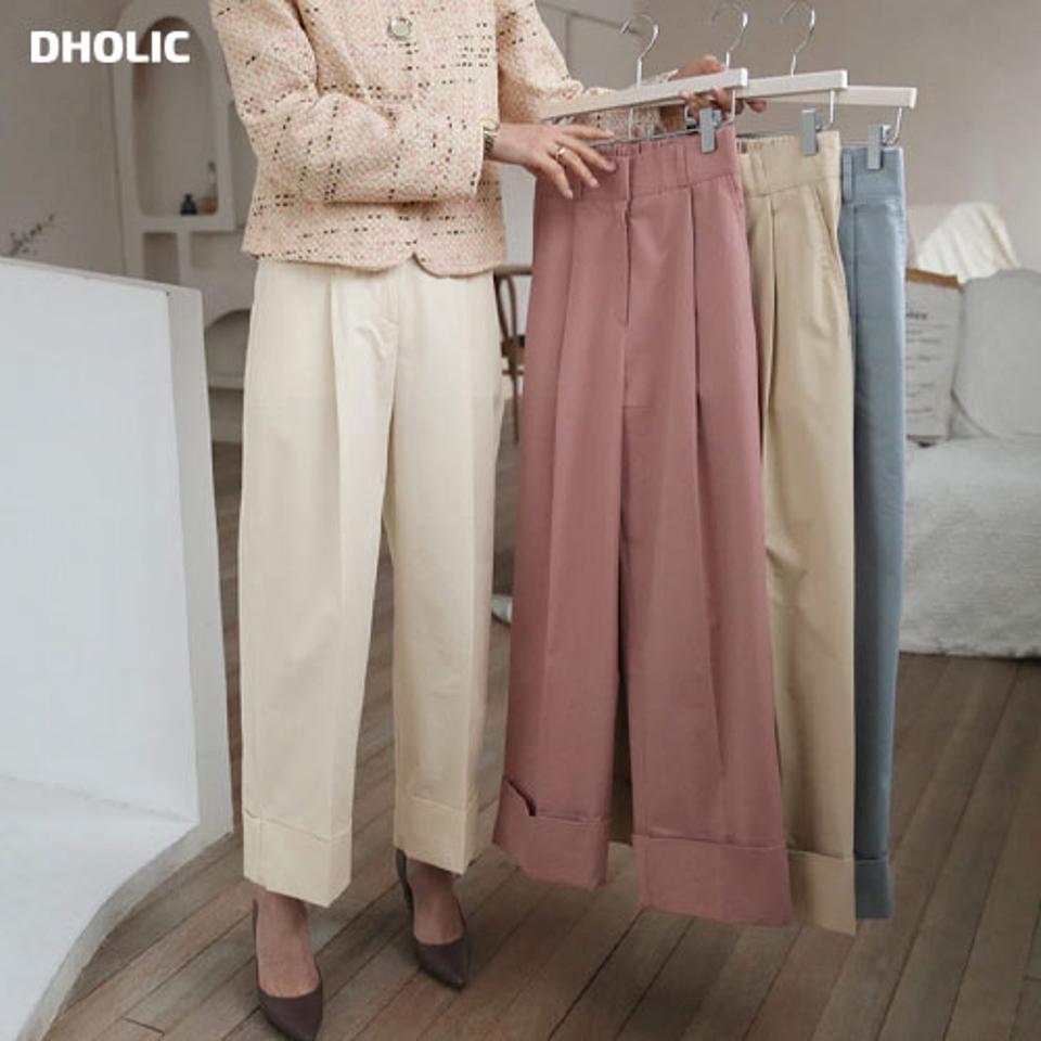 ロールアップタックパンツ・全7色・t61568 レディース 【pt】【韓国 ファッション ボトムス パンツ ロング オフィスカジュアル ウエストゴム ハイウエスト ストレート ルーズ ゆったり 体型カーバー スリム 細身 10分丈 十分丈 無地 秋 冬】