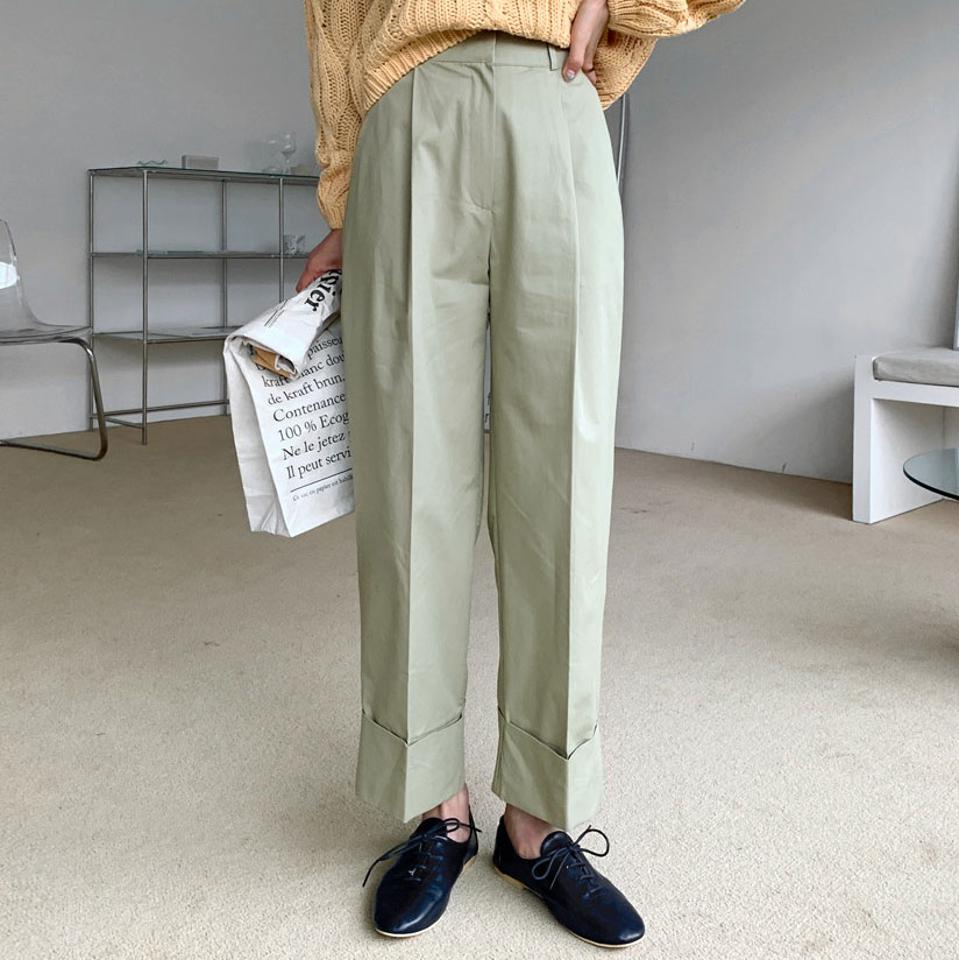 ロールアップタックパンツ・全7色・t61568 レディース 【pt】【韓国 ファッション ボトムス パンツ ロング オフィスカジュアル ウエストゴム ハイウエスト ストレート ルーズ ゆったり 体型カーバー スリム 細身 10分丈 十分丈 無地 秋 冬】