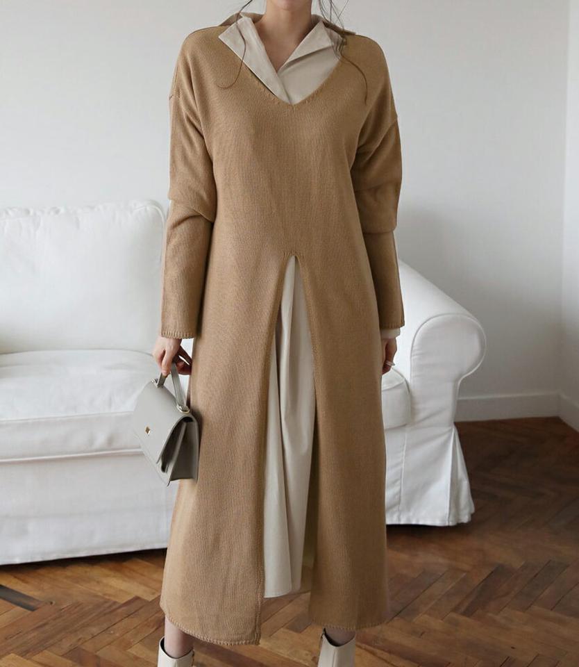 2WAYニットスリットワンピース・全3色・t66837 レディース 【ops】【ワンピース ニット ニットワンピース 長袖 スリット 深スリット 2way 単色 無地 シンプル カジュアル Hライン 秋 冬 韓国 ファッション】【ハイホリHIHOLLI】