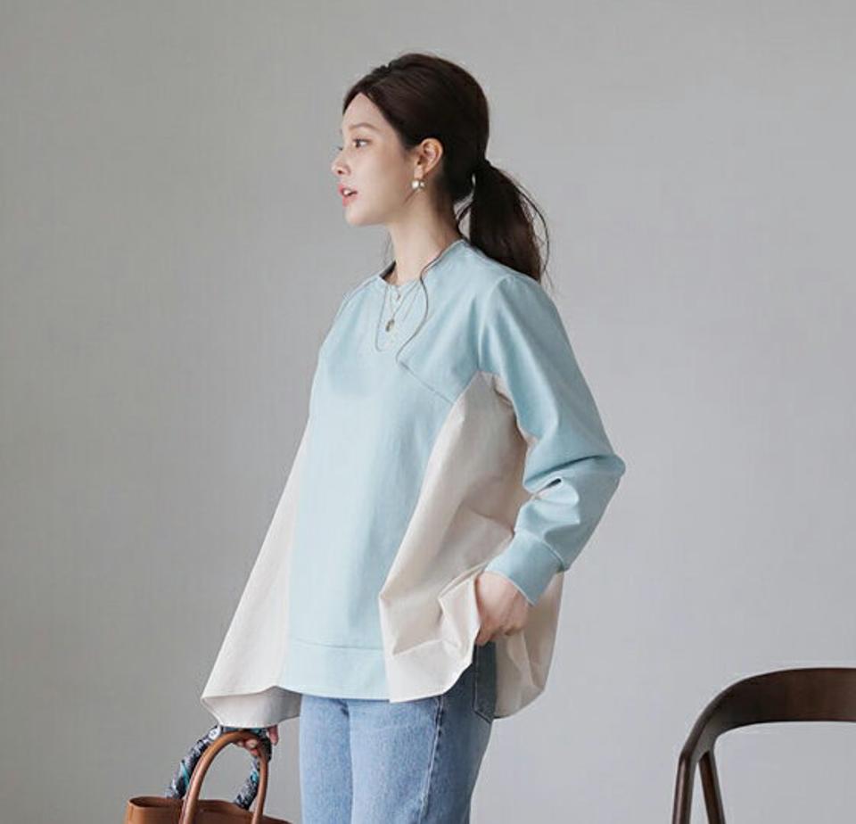 フレアコントラストTシャツ・全4色・b66832 レディース 【tops】【トップス Tシャツ 長袖 コントラスト フレア フレアトップス アンバランス 異素材 シンプル 大人 秋 冬 韓国 ファッション】【ハイホリHIHOLLI】