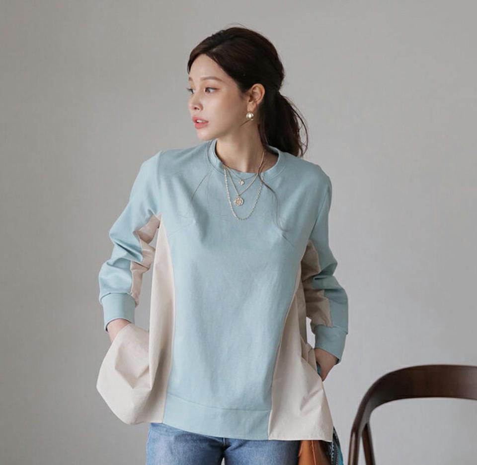 フレアコントラストTシャツ・全4色・b66832 レディース 【tops】【トップス Tシャツ 長袖 コントラスト フレア フレアトップス アンバランス 異素材 シンプル 大人 秋 冬 韓国 ファッション】【ハイホリHIHOLLI】