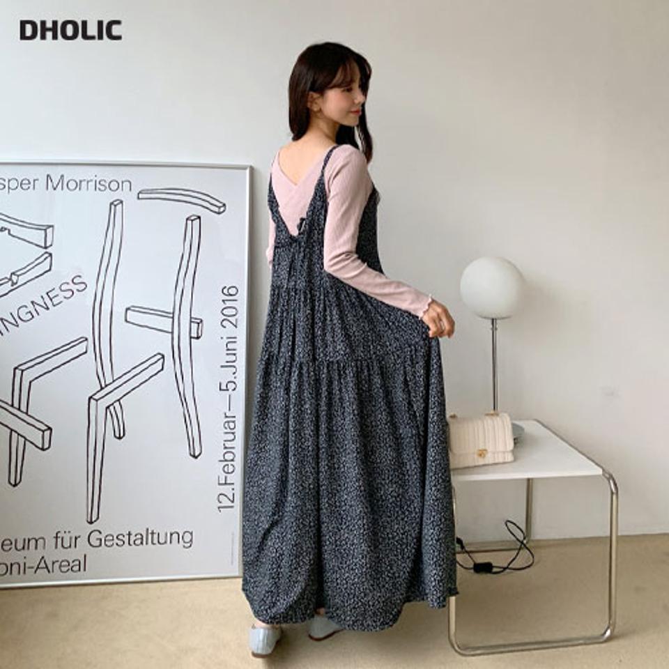 2WAY花柄スリーブレスワンピース・全2色・b61555 レディース 【ops】【韓国 ファッション ワンピース ロング ロングワンピス スリーブレス キャミソール Uネック リボン 小花柄 花柄 フラワー ティアード フレア フェミニン カジュアル 体型カバー 秋 冬】