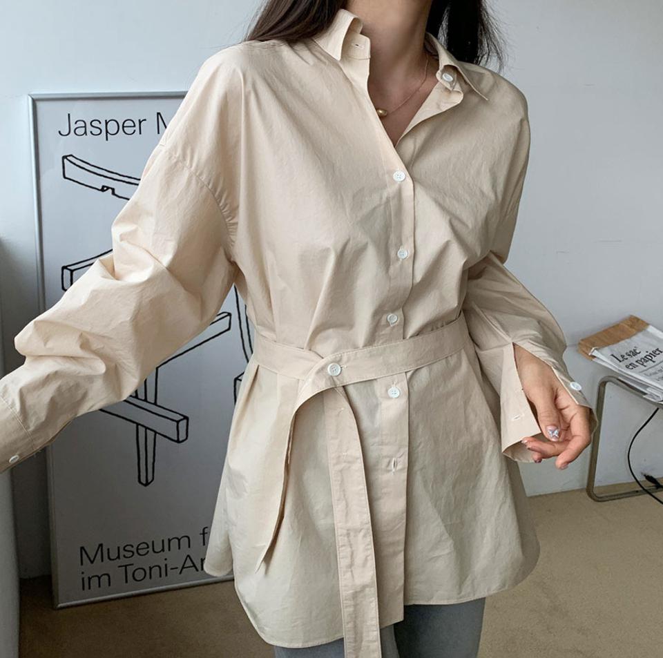 ボタンストラップ付シャツ・全3色・t61549 レディース 【bl】【韓国 ファッション トップス ブラウス シャツ 長袖 シンプル ベルトセット ボタンストラップ ルーズ ゆったり ユニーク 体型カバー フェミニン カジュアル 無地 デイリー 秋 冬】
