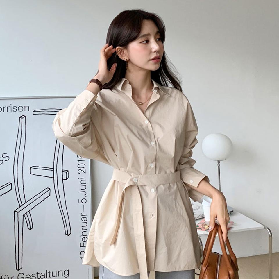 ボタンストラップ付シャツ・全3色・t61549 レディース 【bl】【韓国 ファッション トップス ブラウス シャツ 長袖 シンプル ベルトセット ボタンストラップ ルーズ ゆったり ユニーク 体型カバー フェミニン カジュアル 無地 デイリー 秋 冬】
