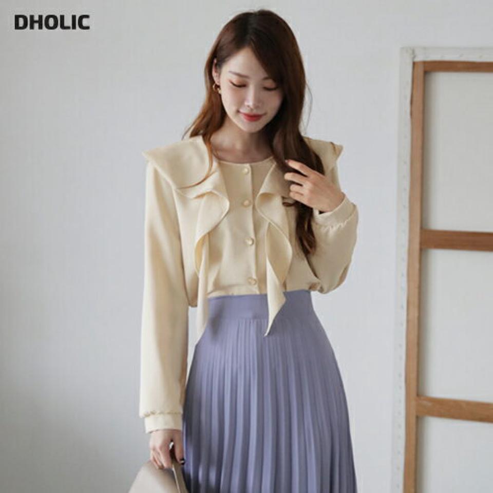 ラッフルボタンブラウス・全3色・t66829 レディース 【bl】【トップス ブラウス 長袖 ラッフル フリル フェミニン 可愛い かわいい オフィスカジュアル デート 秋 冬 韓国 ファッション】【ハイホリHIHOLLI】