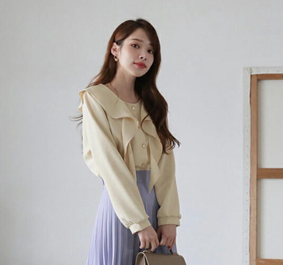 ラッフルボタンブラウス・全3色・t66829 レディース 【bl】【トップス ブラウス 長袖 ラッフル フリル フェミニン 可愛い かわいい オフィスカジュアル デート 秋 冬 韓国 ファッション】【ハイホリHIHOLLI】