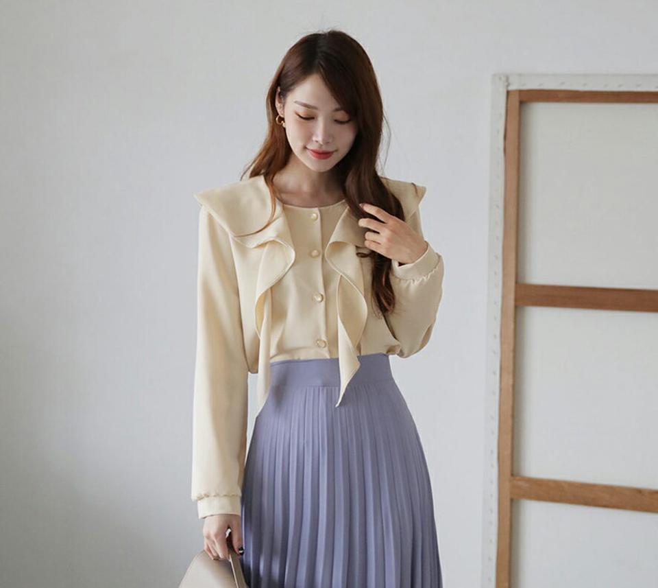 ラッフルボタンブラウス・全3色・t66829 レディース 【bl】【トップス ブラウス 長袖 ラッフル フリル フェミニン 可愛い かわいい オフィスカジュアル デート 秋 冬 韓国 ファッション】【ハイホリHIHOLLI】