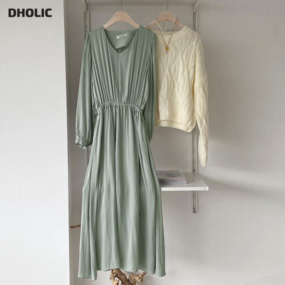 サテンVネックワンピース・全2色・t61554 レディース 【ops】【韓国 ファッション ワンピース ロング ロングワンピス 長袖 Vネック 光沢 上品 サテン ウエストゴム フェミニン カジュアル ベーシック 無地 体型カバー 秋 冬】