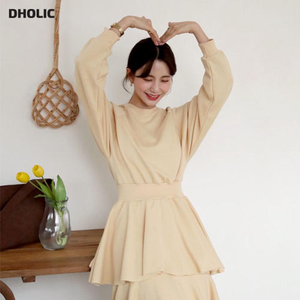 ティアードワンピース・全3色・b61556 レディース 【ops】韓国ファッション ワンピース ロングワンピス 長袖 ティアード ボリューム ウエストゴム スウェット地 フェミニン カジュアル ベーシック 無地 体型カバー 秋 冬