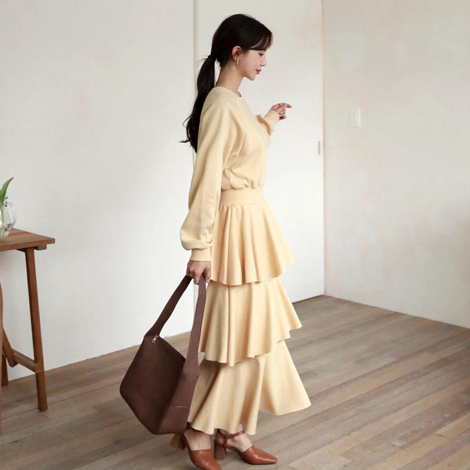 ティアードワンピース・全3色・b61556 レディース 【ops】韓国ファッション ワンピース ロングワンピス 長袖 ティアード ボリューム ウエストゴム スウェット地 フェミニン カジュアル ベーシック 無地 体型カバー 秋 冬