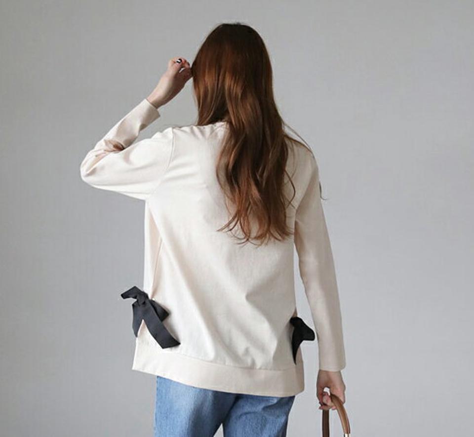 リボン付スリットTシャツ・全3色・b66833 レディース 【tops】【トップス Tシャツ 長袖 スリット リボン りぼん 単色 無地 可愛い かわいい 秋 冬 韓国 ファッション】【ハイホリHIHOLLI】