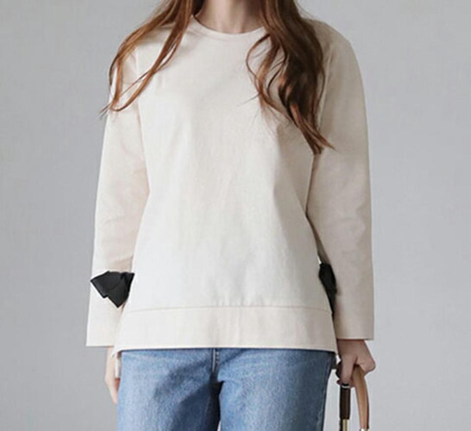 リボン付スリットTシャツ・全3色・b66833 レディース 【tops】【トップス Tシャツ 長袖 スリット リボン りぼん 単色 無地 可愛い かわいい 秋 冬 韓国 ファッション】【ハイホリHIHOLLI】