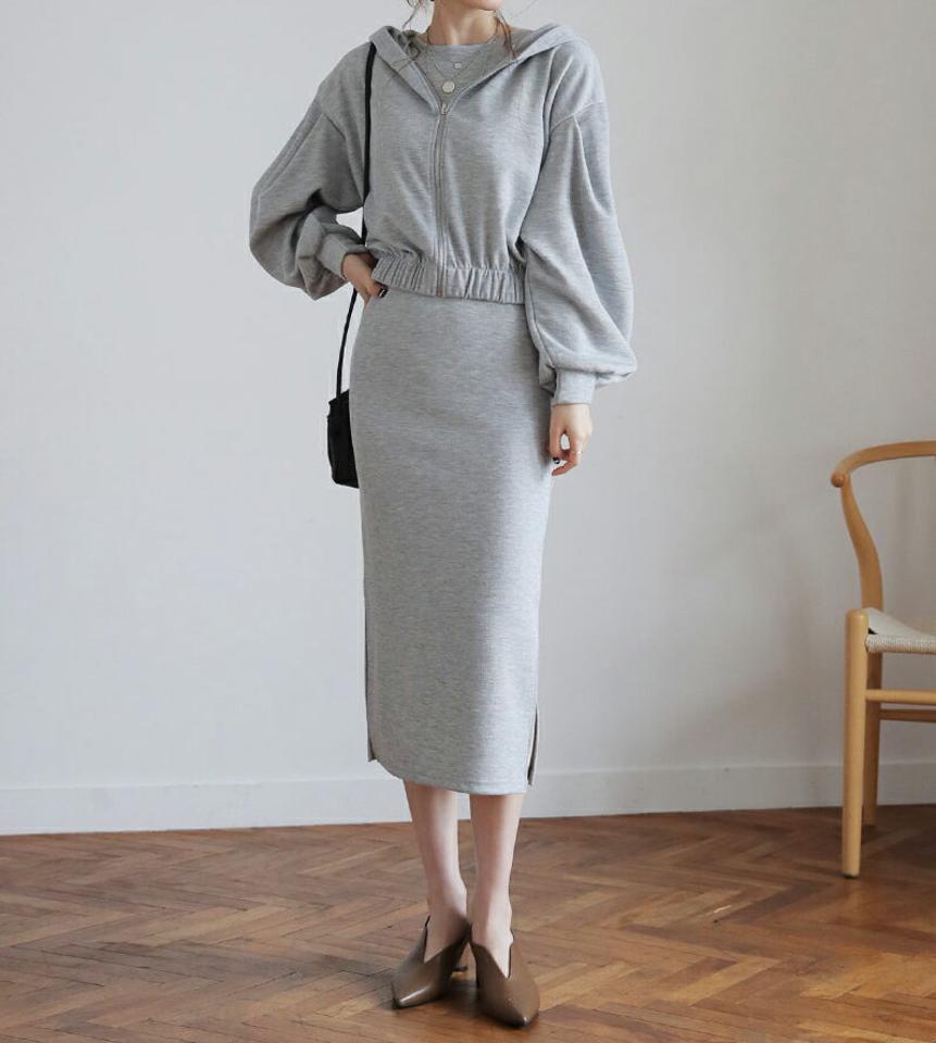 フードジップアップ&ワンピースSET・全3色・t66838 レディース 【ops】【セットアップ setup トップス ジップアップ 長袖 パーカー フード ワンピース ロングワンピース スリーブレス 単色 無地 秋 冬 春 夏 韓国 ファッション】【ハイホリHIHOLLI】