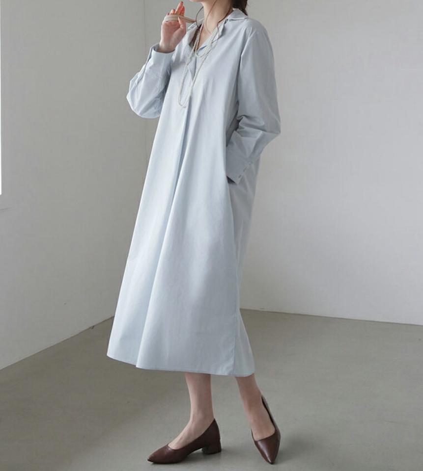 スキッパールーズワンピース・全4色・t66835 レディース 【ops】【ワンピース ロング ロングワンピース 長袖 スキッパー 開襟 ルーズ ゆったり ラフ 単色 無地 シンプル カジュアル 秋 冬 春 韓国 ファッション】【ハイホリHIHOLLI】