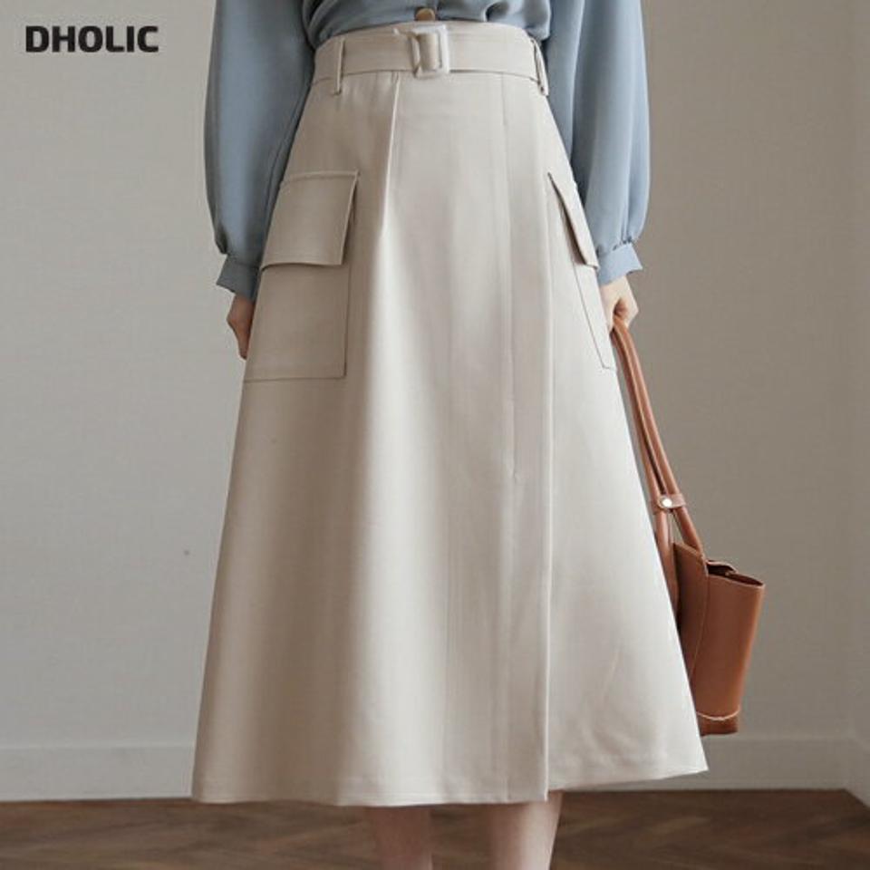 ベルト付ポケットスカート・全2色・t66848 レディース 【sk】【スカート ミディ丈 ミディスカート ベルト ポケット 単色 シンプル 無地 Aライン ラップデザイン ラップスカート 秋 冬 韓国 ファッション】【ハイホリHIHOLLI】