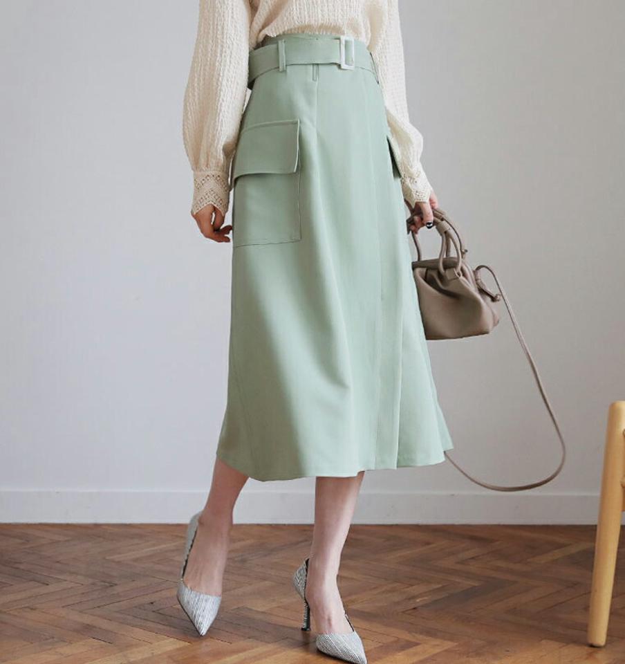 ベルト付ポケットスカート・全2色・t66848 レディース 【sk】【スカート ミディ丈 ミディスカート ベルト ポケット 単色 シンプル 無地 Aライン ラップデザイン ラップスカート 秋 冬 韓国 ファッション】【ハイホリHIHOLLI】