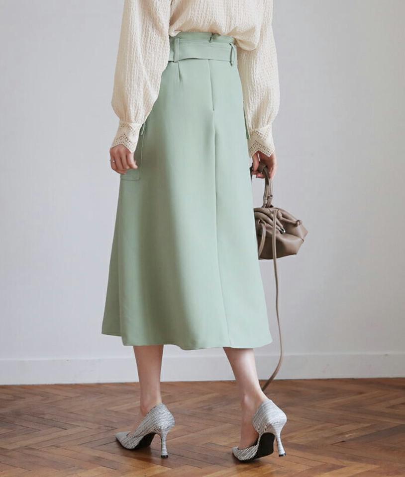 ベルト付ポケットスカート・全2色・t66848 レディース 【sk】【スカート ミディ丈 ミディスカート ベルト ポケット 単色 シンプル 無地 Aライン ラップデザイン ラップスカート 秋 冬 韓国 ファッション】【ハイホリHIHOLLI】
