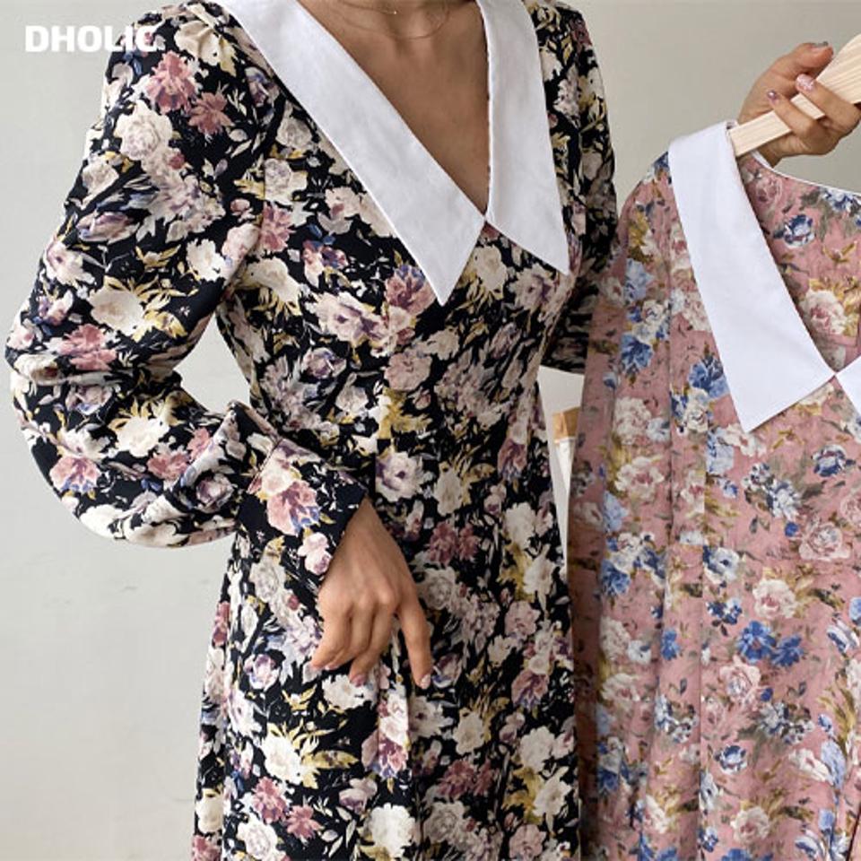 配色カラー花柄ワンピース・全2色・t61575 レディース 【ops】【韓国 ファッション ワンピース ロング ロングワンピス 長袖 配色カラー ガーリー 花柄 フラワー パータン フレア フェミニン カジュアル ベーシック 無地 体型カバー 秋 冬】