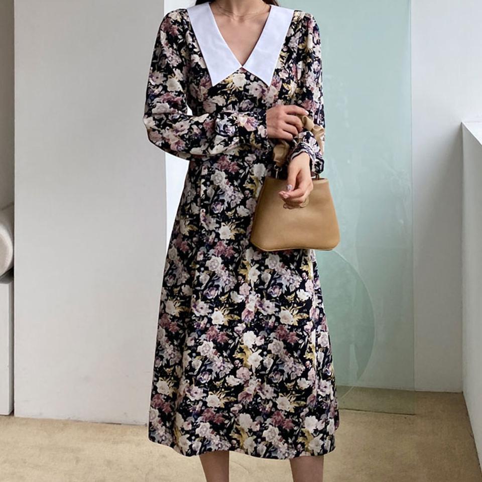 配色カラー花柄ワンピース・全2色・t61575 レディース 【ops】【韓国 ファッション ワンピース ロング ロングワンピス 長袖 配色カラー ガーリー 花柄 フラワー パータン フレア フェミニン カジュアル ベーシック 無地 体型カバー 秋 冬】