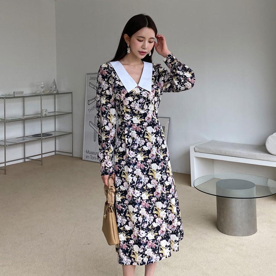 配色カラー花柄ワンピース・全2色・t61575 レディース 【ops】【韓国 ファッション ワンピース ロング ロングワンピス 長袖 配色カラー ガーリー 花柄 フラワー パータン フレア フェミニン カジュアル ベーシック 無地 体型カバー 秋 冬】