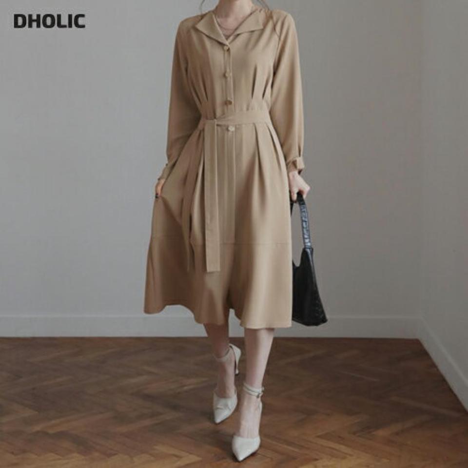 ストラップ付カラーボタンワンピース・全2色・b66836 レディース 【ops】【ワンピース ロング ロングワンピース 開襟 スキッパー 長袖 上品 大人 きれいめ 単色 無地 シンプル ストラップ 秋 冬 韓国 ファッション】【ハイホリHIHOLLI】