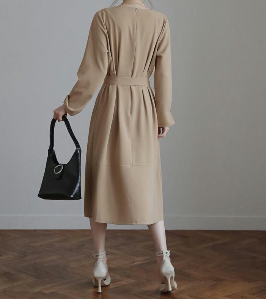 ストラップ付カラーボタンワンピース・全2色・b66836 レディース 【ops】【ワンピース ロング ロングワンピース 開襟 スキッパー 長袖 上品 大人 きれいめ 単色 無地 シンプル ストラップ 秋 冬 韓国 ファッション】【ハイホリHIHOLLI】