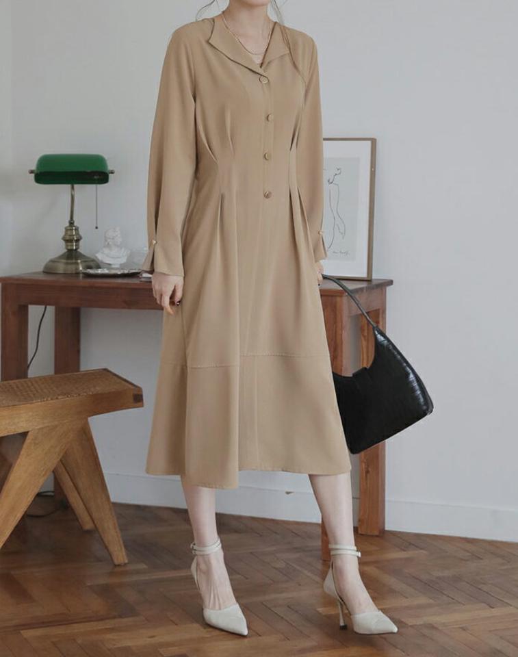 ストラップ付カラーボタンワンピース・全2色・b66836 レディース 【ops】【ワンピース ロング ロングワンピース 開襟 スキッパー 長袖 上品 大人 きれいめ 単色 無地 シンプル ストラップ 秋 冬 韓国 ファッション】【ハイホリHIHOLLI】