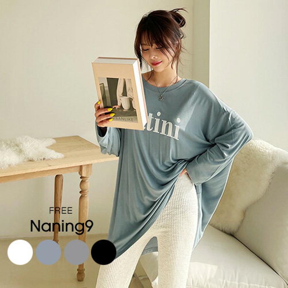 ≪新作早割15%OFF≫NANING9(ナンニング)MatiniシルキーゆるT【2/8up_go】韓国 韓国ファッション レディース 大人 カワイイ トップス ロゴT 部屋着 長袖 Tシャツ グレー 白 ブルー 黒【5】